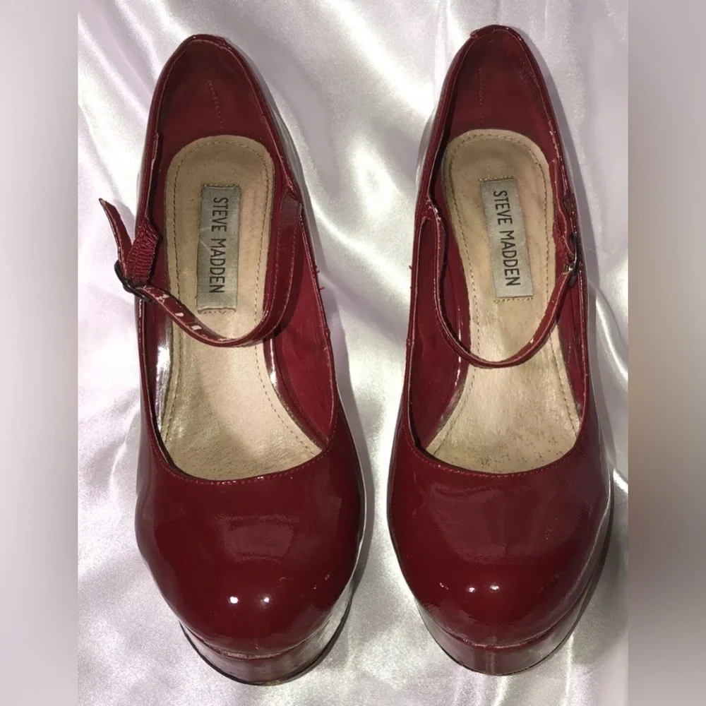 Steve Madden Cougarr Red Patent Leather Platform Mary Jane Stilettos, 9